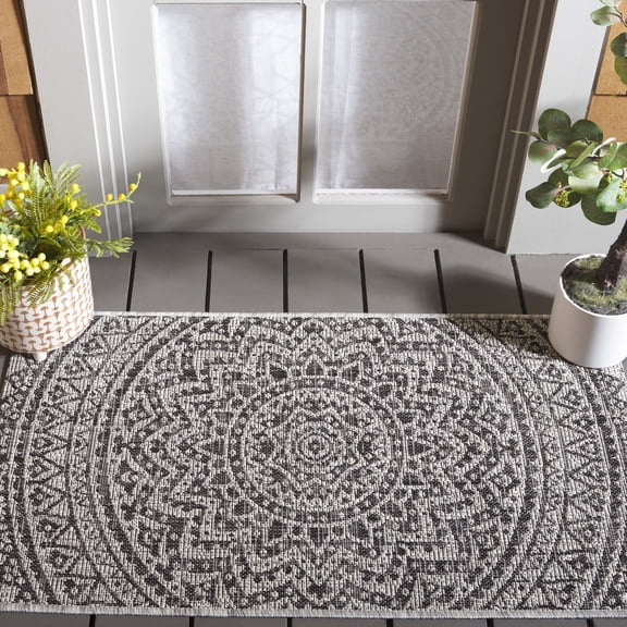 SAFAVIEH Courtyard Josiah Floral Medallion Indoor/Outdoor Area Rug, Light Grey/Black, 3' x 3' Square