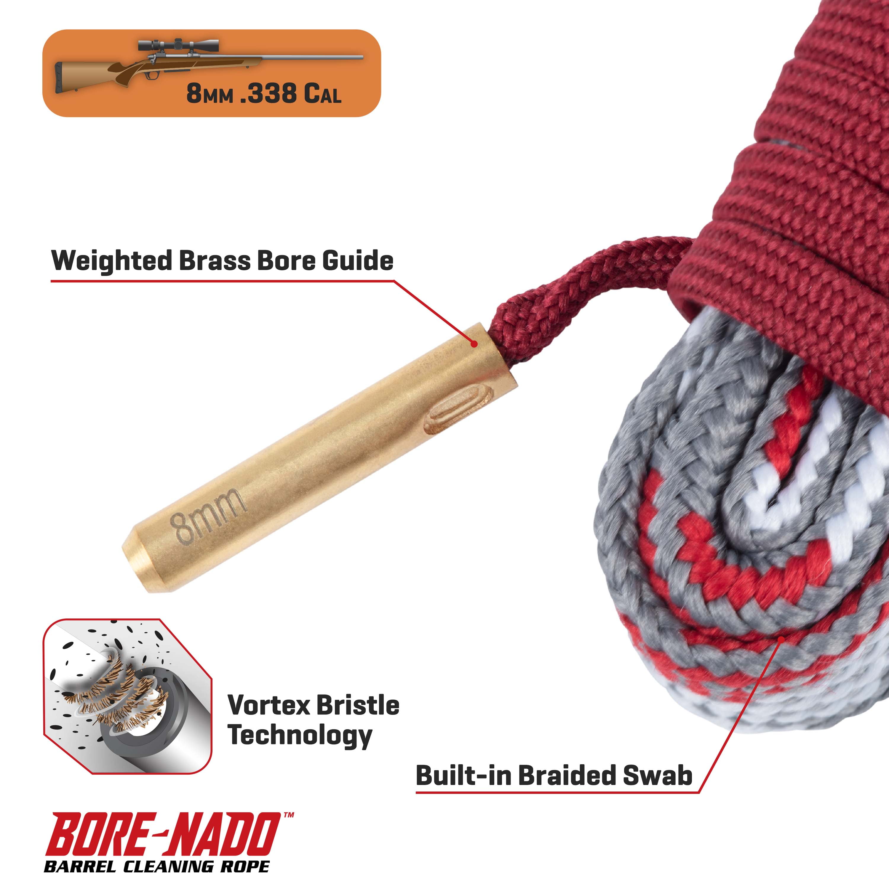 Bore-Nado Barrel Cleaning Rope, 8mm & .338 Cal., Red