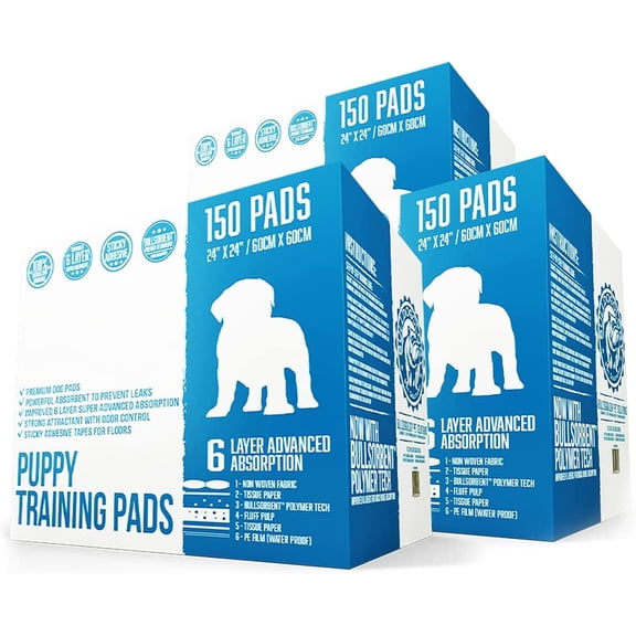 Bulldogology Puppy Pee Pads with Adhesive Sticky Tape (24x24) Large Premium Dog Pads - 6 Layer Dog Training Pads and Pet Wee Pads with Quick-Dry Bullsorbent Tech (450-Count)