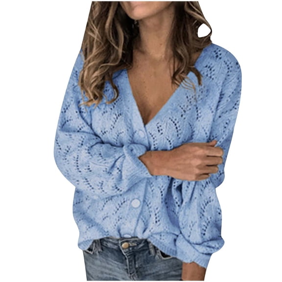 Fanxing Junior Girl Button Down Sweater Coat V Neck Long Sleeve Cardigan Hollow Out Solid Sweaters Outwear for Fall Winter S,M,L,XL