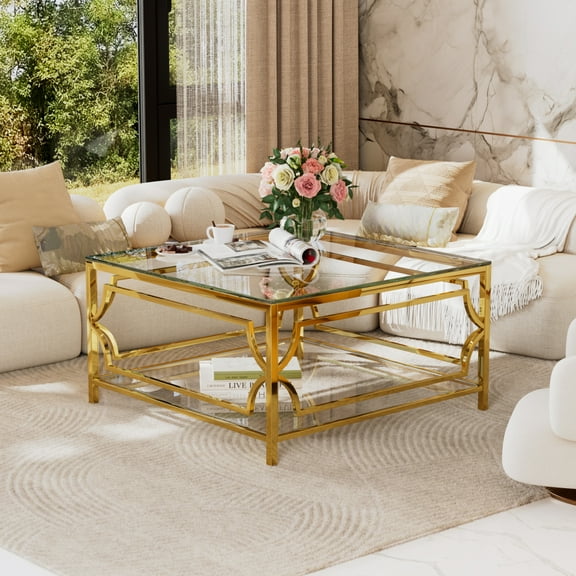 [Luckynote] Square Glass Coffee Table in 33.5",Luxurious Geometric Metal Frame,Gold Finish & Lower Shelf