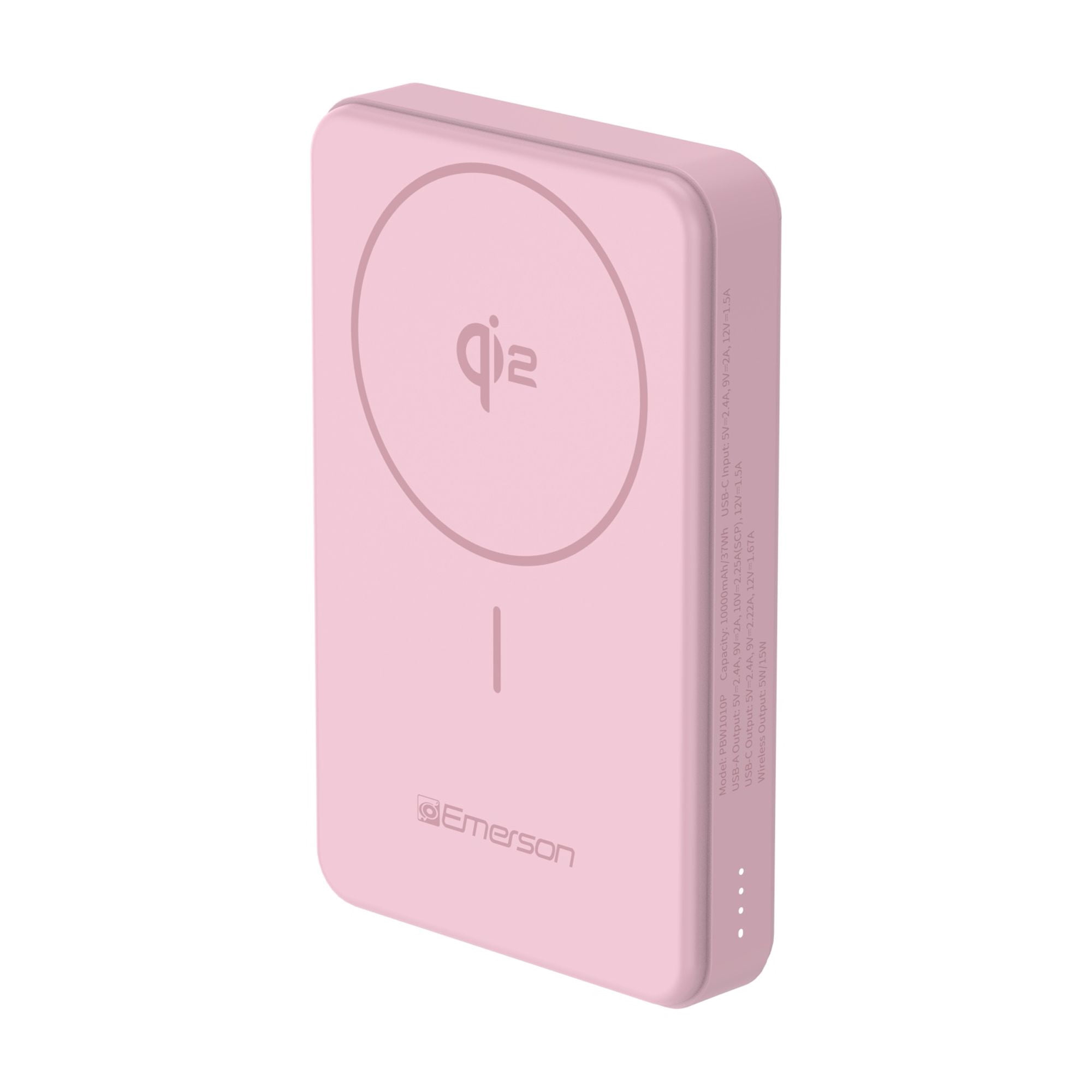 Emerson Power Bank with 15W Qi2 Magnetic Wireless Charging and 20W Wired Output Charging, Pink - PBW1010P