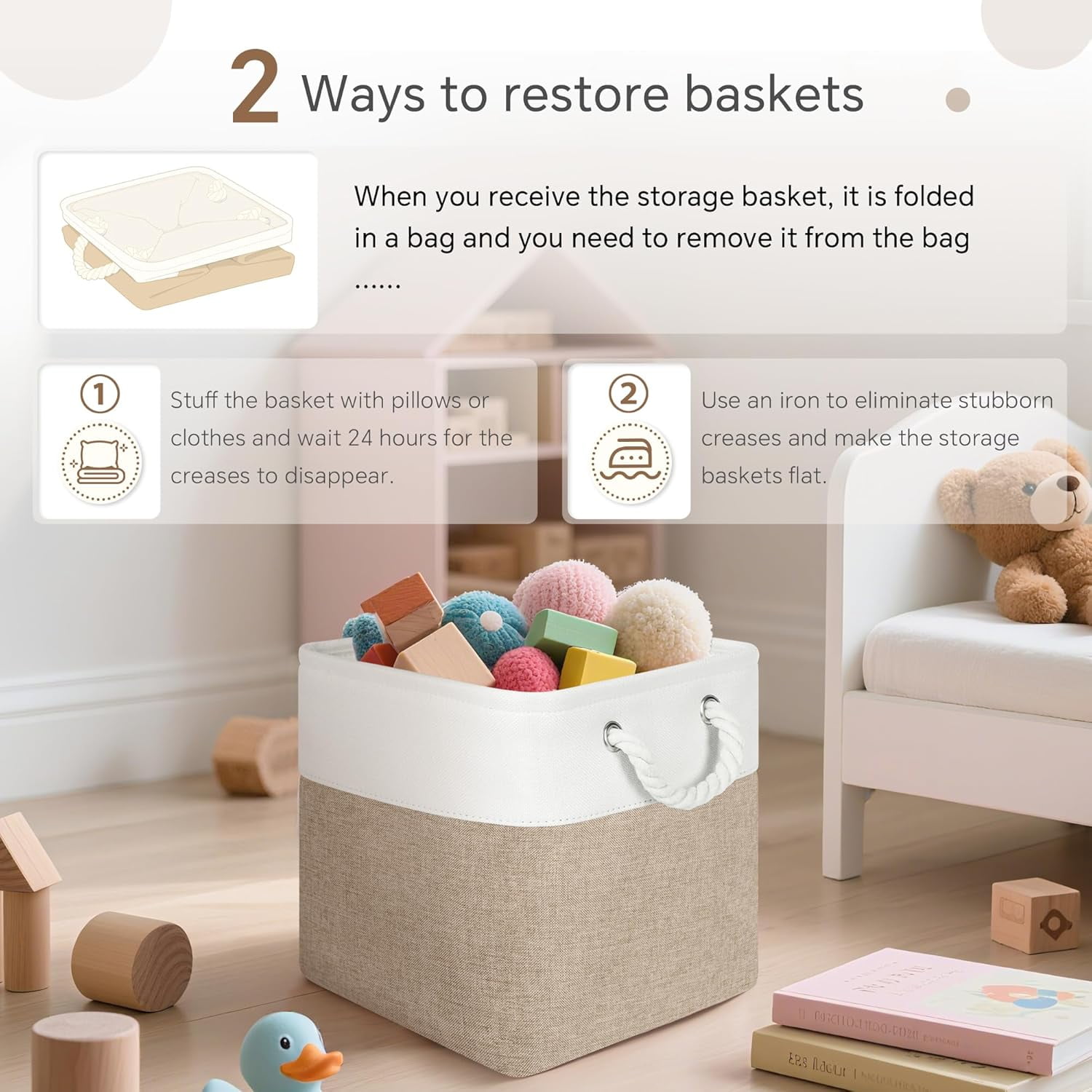 ThrottleT-Fabric Cubes Storage Basket, 6 Pack 11x11 inch with Handles Foldable Cube Storage Bins, for Shelves, Home, Office Organizers (White/Khaki)