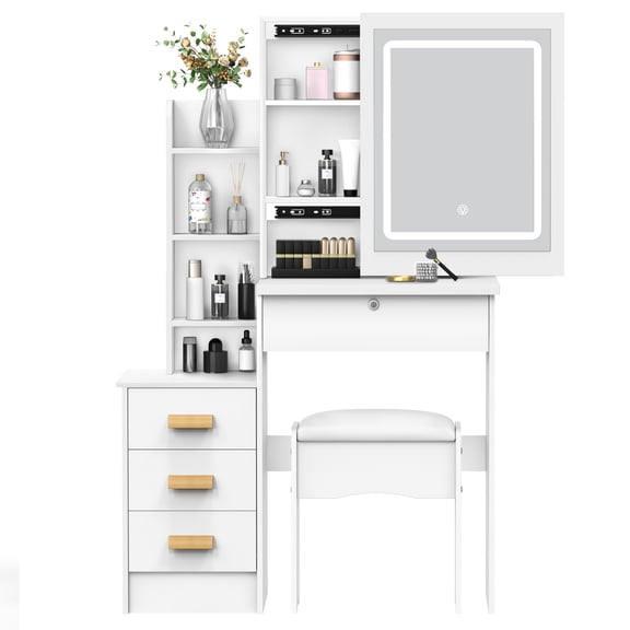 Aqzb Makeup Vanity with Lighted Mirror, Vanity Desk with Hidden Storage Space, Adjustable Lighting, 4 Drawers, and Cushioned Stool for Bedroom, Dressing Room, White