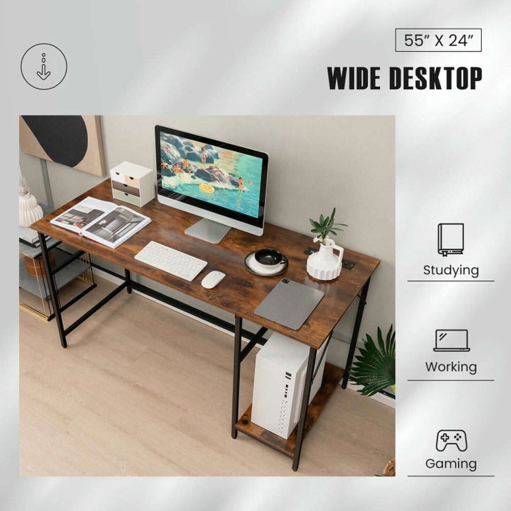 Demi Bonn 55" Computer Desk with Charging Station, Small Home Office Desk Study Writing Table, Brown