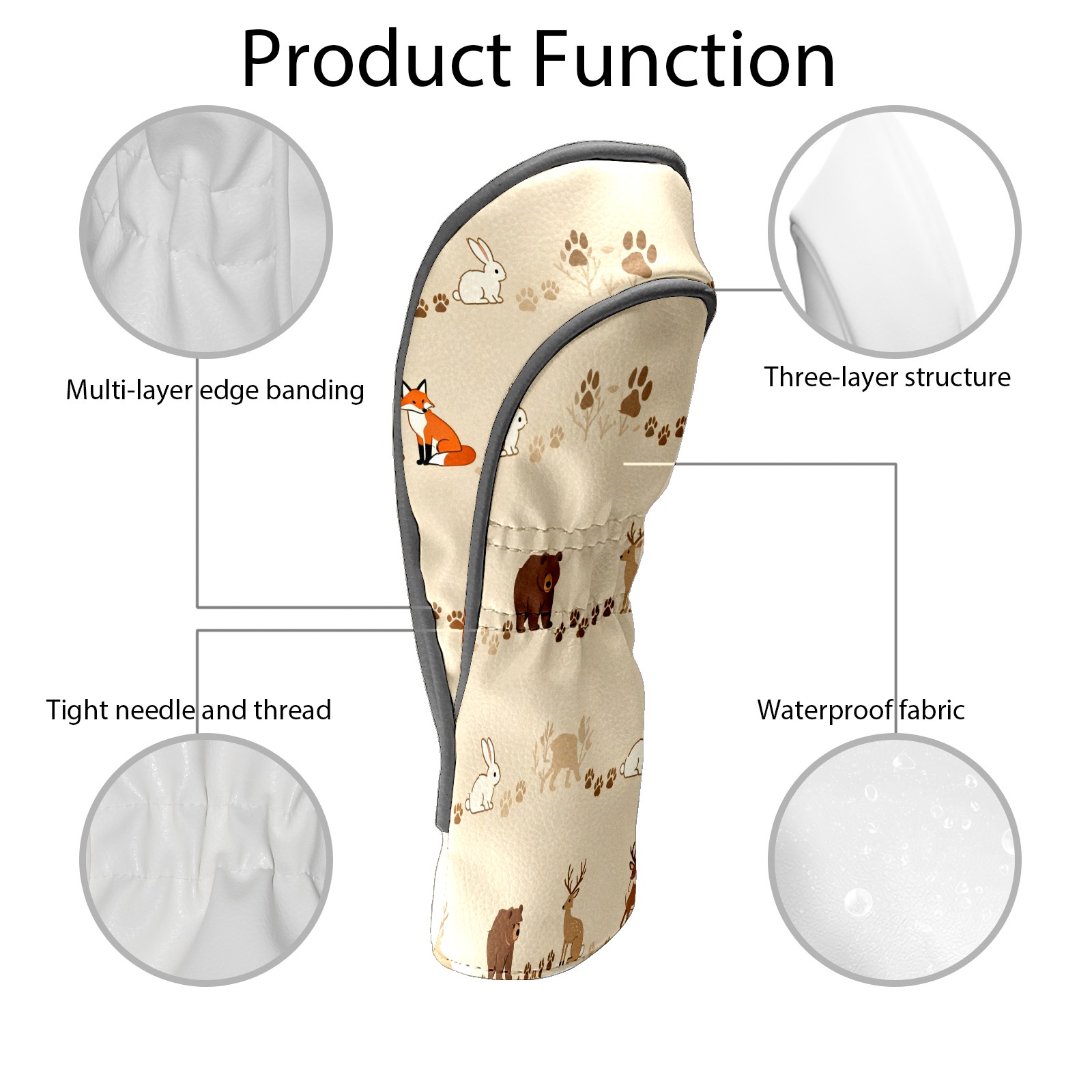 Golf Club Covers, Beige ForestAnimal Premium PU Leather Driver Hybrid Putter Head Covers with Velvet Lining, Waterproof Golf Gifts for Men Women