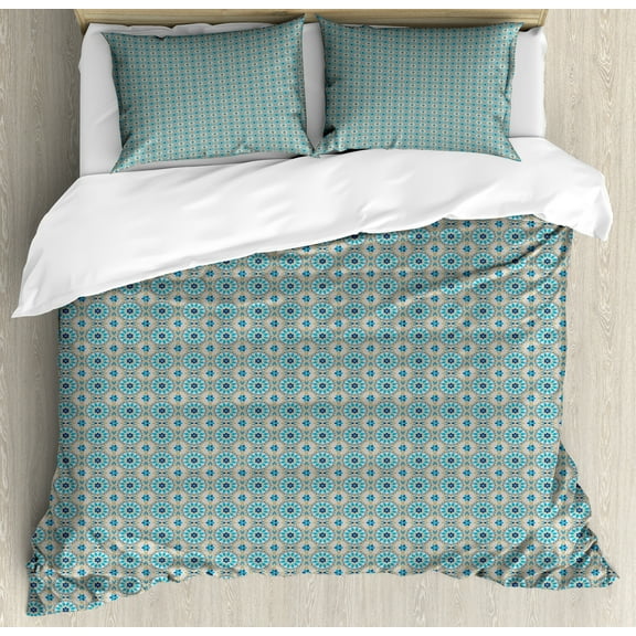 Ambesonne Oriental Duvet Cover Set, Eastern Flowers Repetition, Calking, Sea Blue Dusk