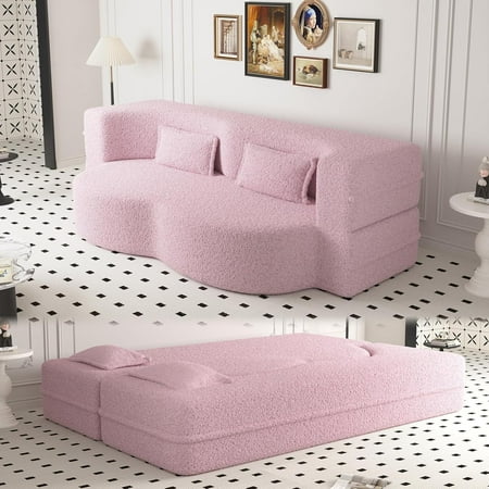ODUWA 78" Convertible Sofa Bed with Memory Foam, Teddy Fleece Folding Futon for Living Room Pink