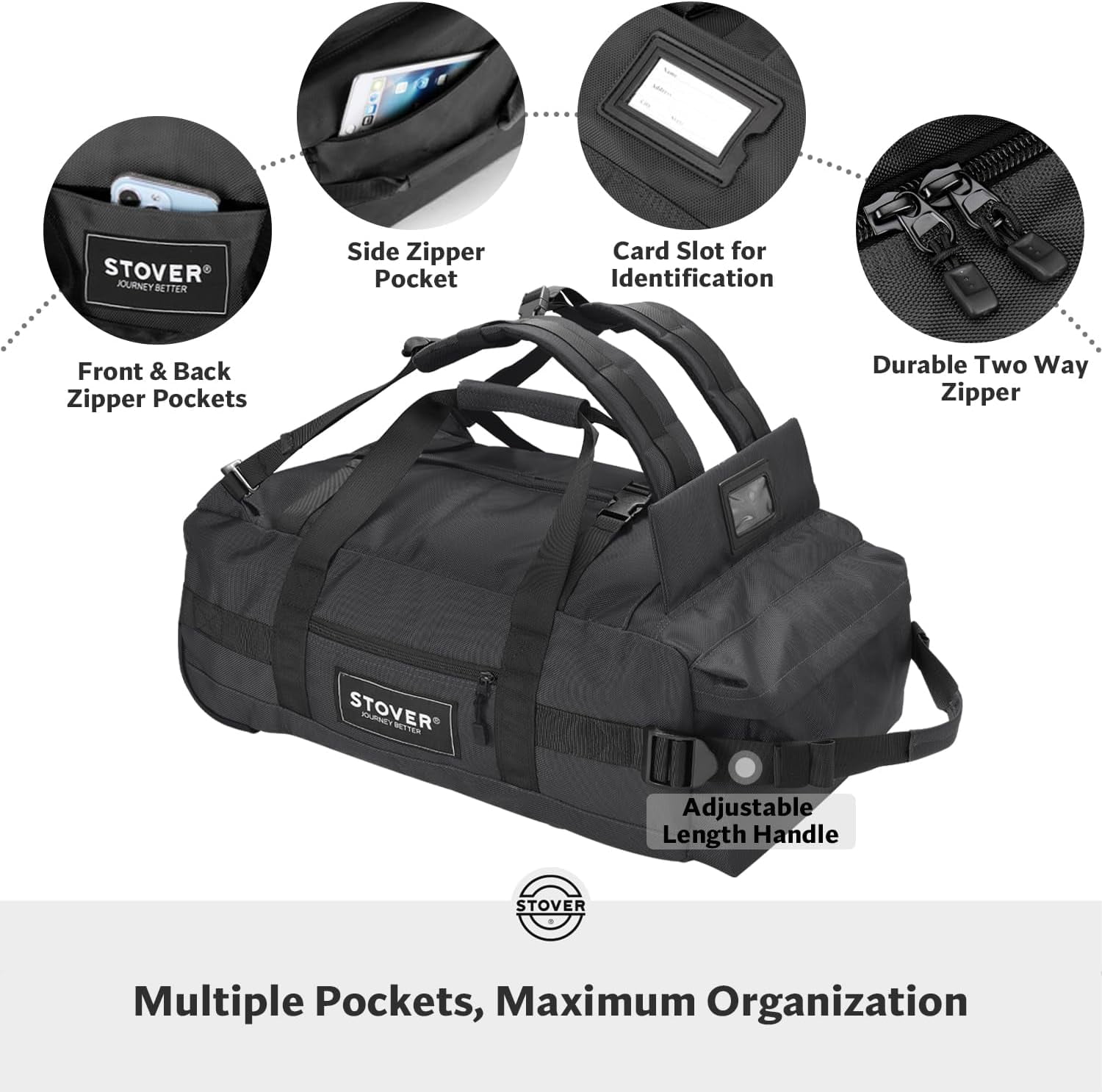 ZJQYDS 45/80/100L Carry-On Rolling Duffel Bag with Wheels, Medium Durable Travel Duffle w/Toiletry Bag, Packable, Foldable with Shoulder Straps- Use as Luggage or Backpack, Men/Women (Black)
