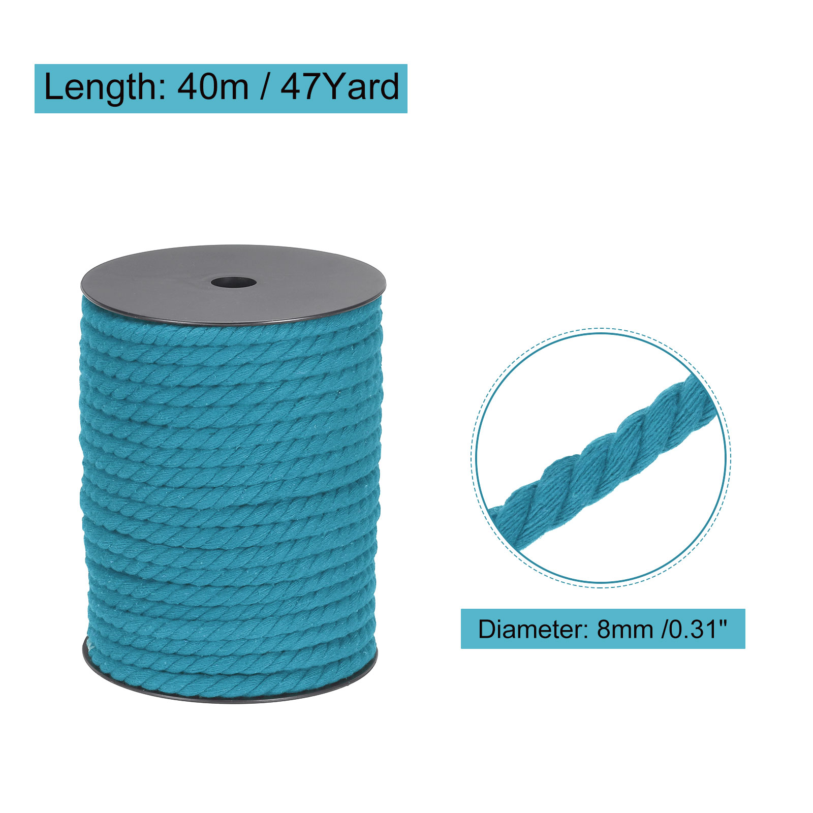 Cotton Rope 3 Strand Twisted Braided Rope Cord, Lake Blue 40m/47 Yard 8mm Dia for Wall Hanging, Plant Hanger