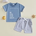 thumbnail image 2 of Toddler Baby Boy Summer Clothes Set Letter Print Crew Neck Short Sleeve T-Shirts Elastic Waist Shorts 2Pcs Outfits, 2 of 3