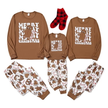 PatPat Christmas Pajamas Family Matching Cute Flowing Gingerbread Man Pattern 2 Piece Tops and Pj Pants Set with Christmas Socks for Holiday Gifts, Khaki, Women M