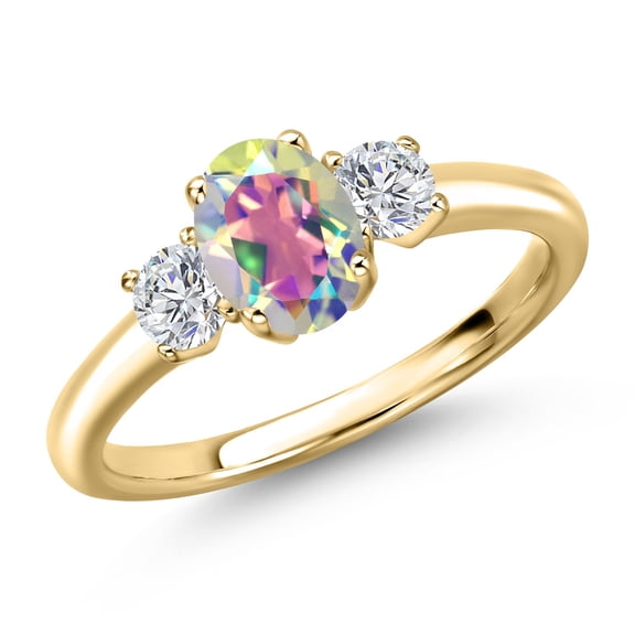 Gem Stone King 10K Yellow Gold Mercury Mist Mystic Topaz and Lab Grown Diamond Engagement Ring for Women | 1.34 Cttw | Oval 7X5MM | Gemstone November Birthstone | Size 8