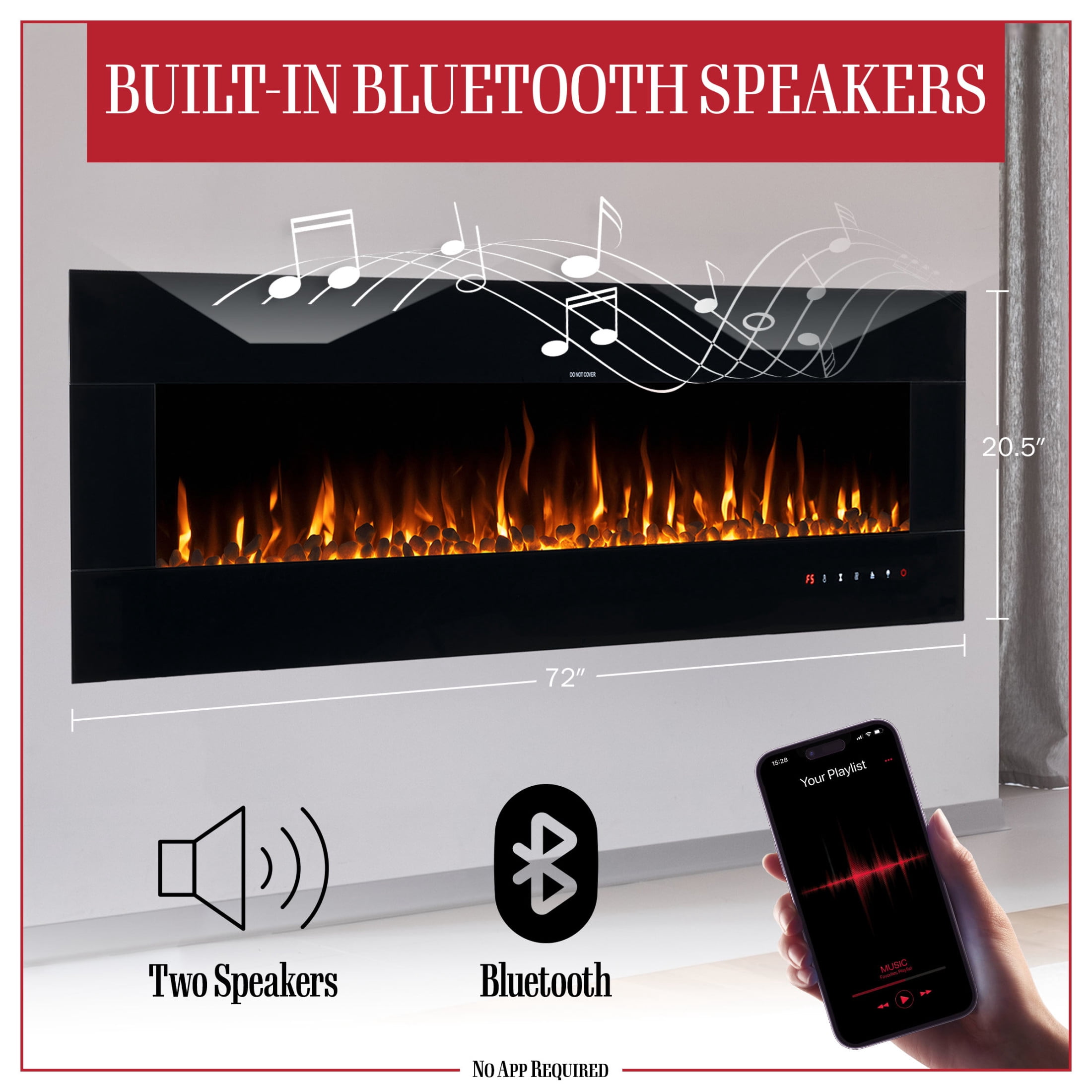 Northwest 72in Wall Mount Electric Fireplace with Bluetooth Speakers, Black