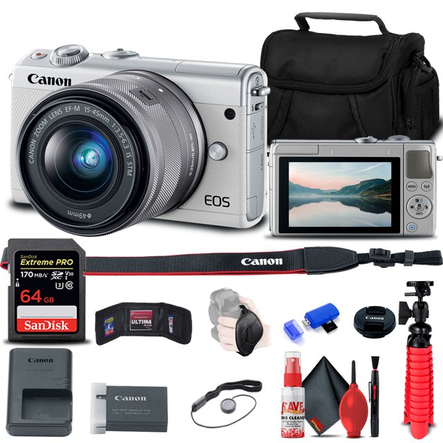Canon EOS M100 Mirrorless Camera 24.2MP + 15-45mm Lens Bundle 64GB Kit White (International Model)