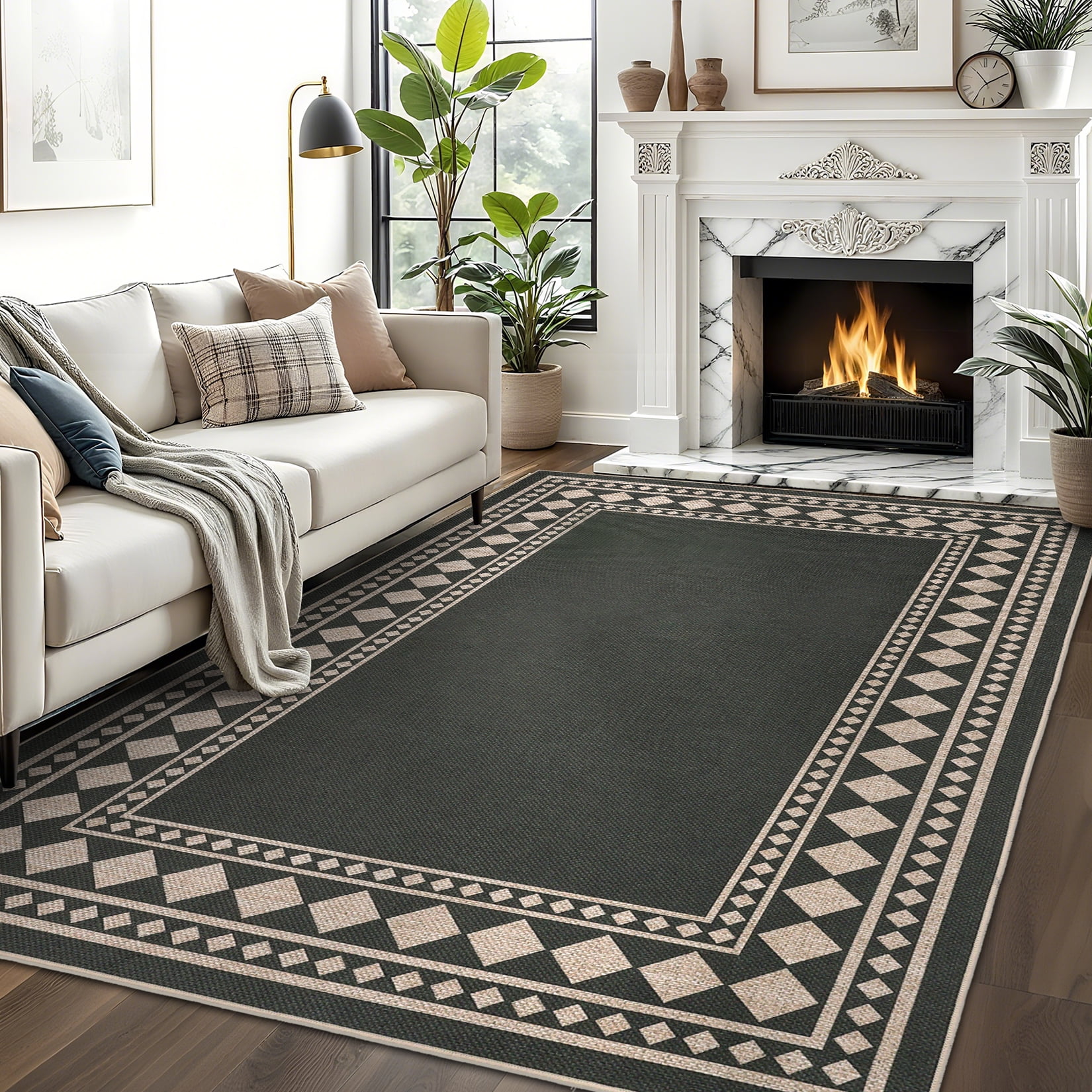 Garvee 5'x7' Modern Bordered Rug Solid Area Rug, Geometric Washable Rugs Stain Resistant Low Pile Rug Non Slip Indoor Outdoor Carpet for Living Room Bedroom Home Office, Black