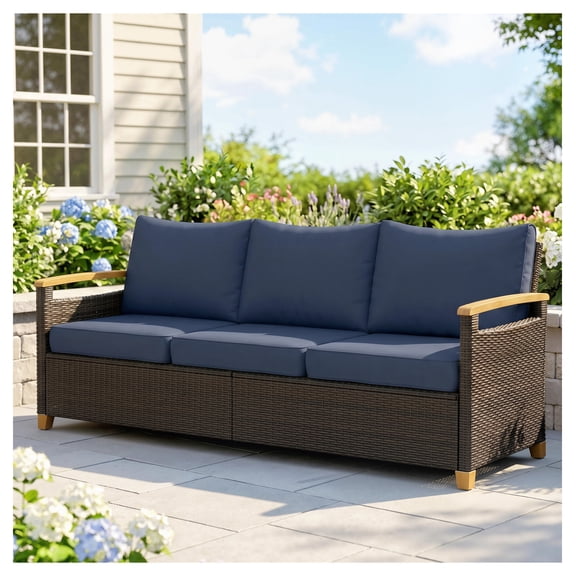 3 Seater Outdoor Sofa, PE Wicker Patio Couch, Dark Blue, Wide Seat, 4” Cushions, Wood-Effect Armrests, Heavy Duty
