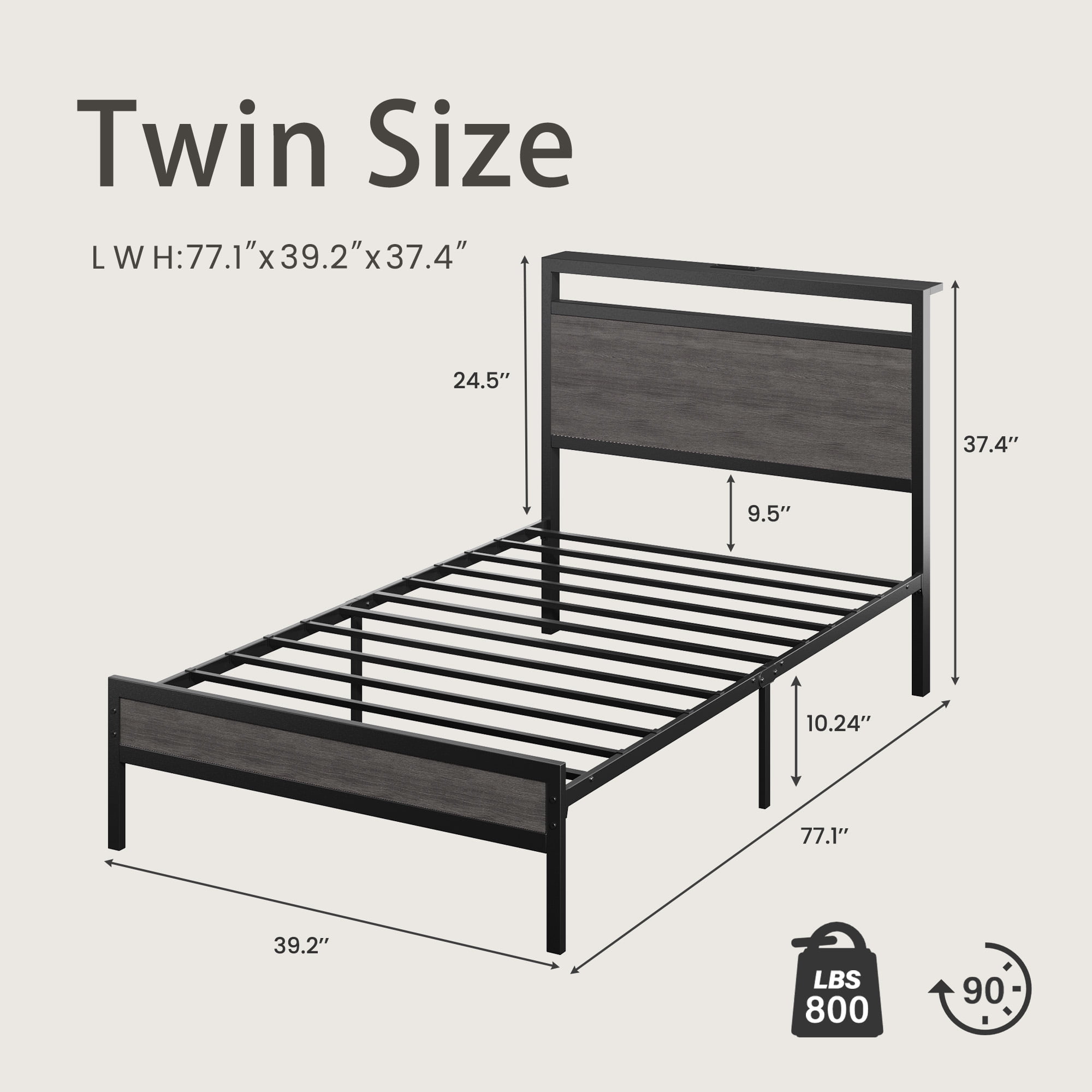 Bolvdo Twin Size Bed Frame with Headboard & Footboard, LED Light & Charging Station, Under-Bed Storage, Noise-Free, No Box Spring Needed, Easy Assembly, Rustic Gray