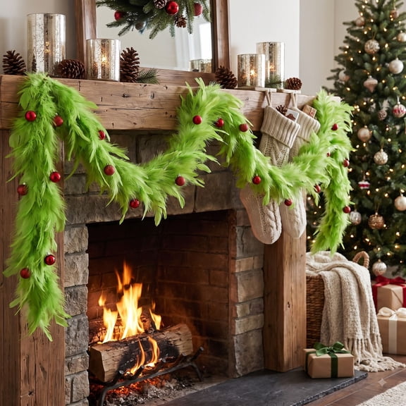 Lime Green Pampas Grass Christmas Garland with Red Berries, 5.9ft Artificial Feather Vine for Mantle Staircase Door Decor, Farmhouse Holiday Home Party Decoration