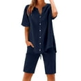 thumbnail image 2 of GILIGEGE Linen Sets for Women 2 Piece Summer Women's Solid Color Fashion Casual Cotton Linen Pocket Long Sleeve Shirt Short Jacket Suit Lounge Beach Vacation Two Piece Outfits Tracksuits Dark Blue L, 2 of 8