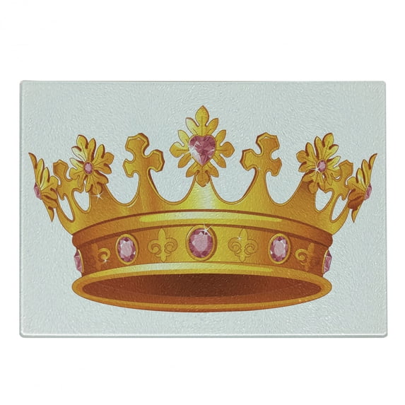 Queen Cutting Board, Crown with Pale Pink Gemstone Antique Tiara Nobility Cartoon, Decorative Tempered Glass Cutting and Serving Board, Small Size, Orange and Rose, by Ambesonne