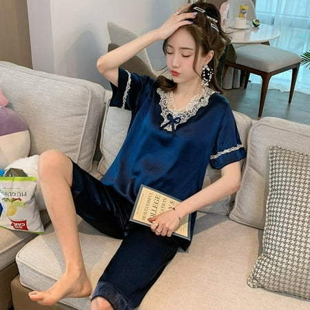 

Wuffmeow Summer Satin Pajamas Set Women Lace V-neck Short-sleeved Top Shorts Suit Loose Casual Homewear