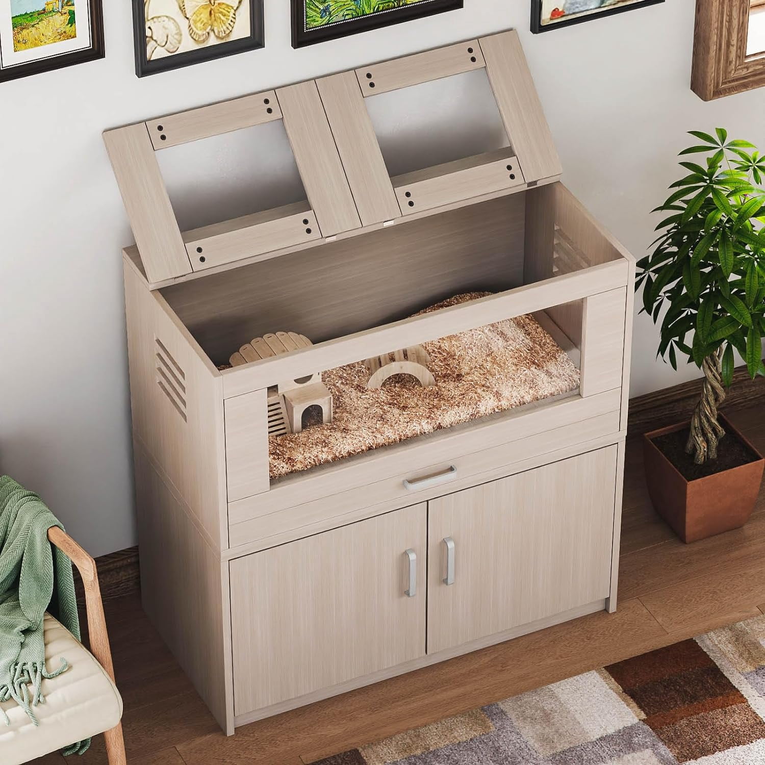 Large Big Wooden Hamster Cage, Hamster Habitat with Split Storage Cabinet &amp; Drawer, Guinea Pig Cage with Openable Top, Rat Gerbil Hedgehog Small Animal Cage