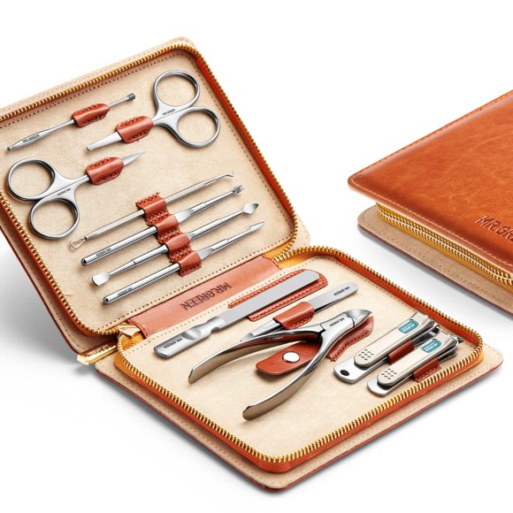 MR.GREEN Manicure Set 12 in 1 Full Function Nail Clippers Personal Care Tool Kits Stainless Steel Pedicure Sets with Leather Case Idea Gift (12Pcs Set) Brown
