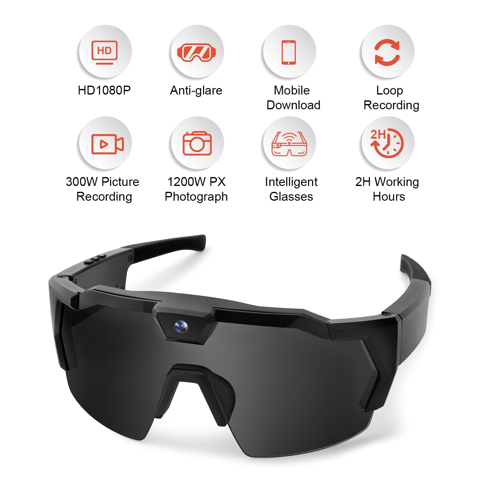 Wiher Smart Camera Glasses, Outdoor Sports Glasses HD Recording Video, Cycling Action Sunglasses, Wearable Audio Take a Picture Wireless Photography Shooting VCR，Suitable for Men and Women(Black)