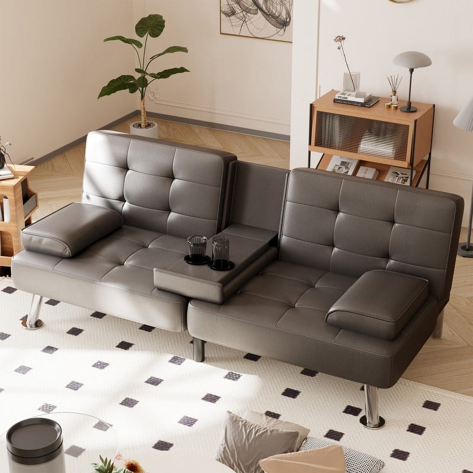 Furmax 3-in-1 Futon Sofa Bed Convertible Couch – Faux Leather Recliner with Cup Holders for Living Room, Apartment & Small Space, Gray