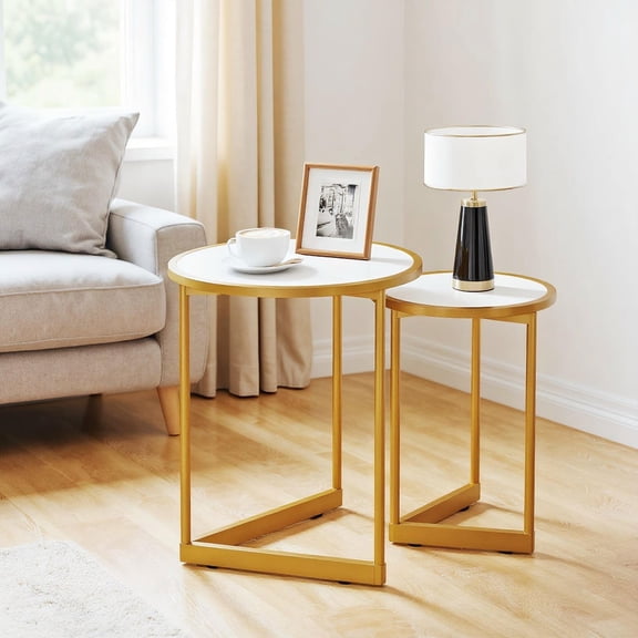 Barara King Coffee Table, Modern Sofa Table Tea Table,Round Nesting Table Set of 2 with Marble-like Tabletop-White