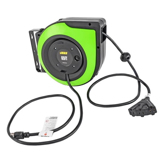 JEGS 81912 Extension Cord with Retractable Reel 65 ft. 12-Gauge (3) 15 Amp Recep
