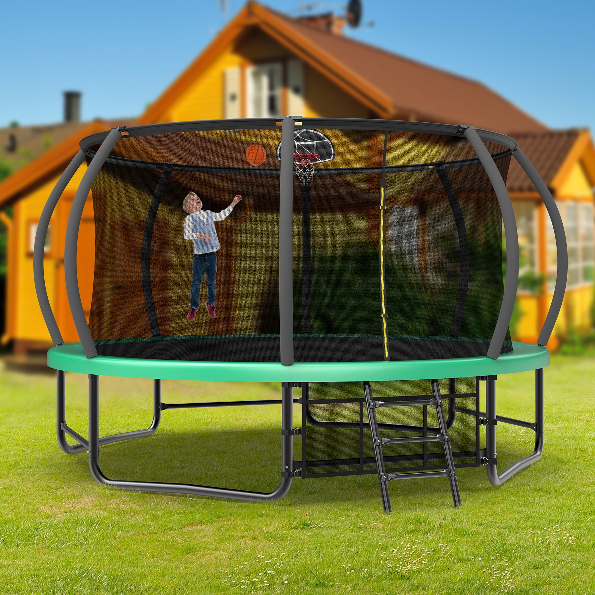 Leumius 14FT Trampoline with Basketball Hoop,Outdoor Pumpkin Recreational Trampolines with Ladder,Heavy-Duty Trampoline with Safety Enclosure for Kids and Adults,Green