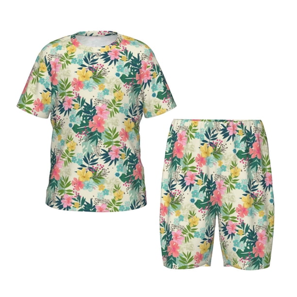 Balery Tropical Flowers Conjunto de Pijama Infantil de Manga Corta con Estampado – Ropa de Dormir de Algodón Suave-Medium
