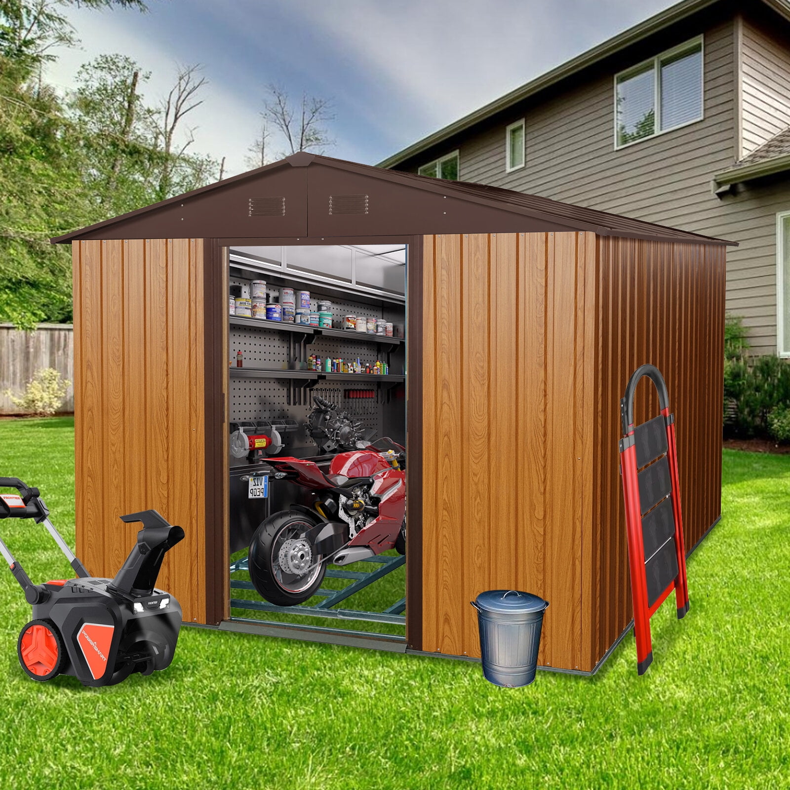 YODOLLA Galvanized 6'x6' Outdoor Storage Shed with 3-Tier Rack