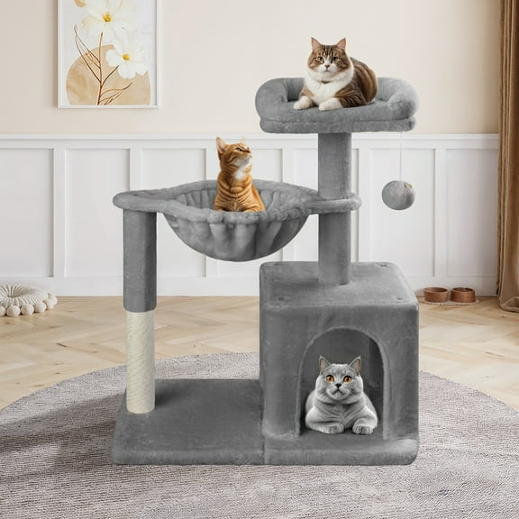 Einfach Small Cat Tree 29.5" Tower Condo with Sisal Scratcing Post Hammock Top Perch for Indoor Cats, Grey
