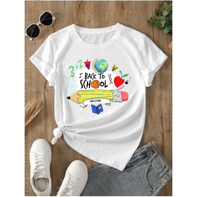 Camiseta gráfica de regreso a clases para niñas. Tejido de punto suave para el primer día de clases, aula, ropa informal. Para todas las estaciones. Cuello redondo, diseño divertido, transpirable.