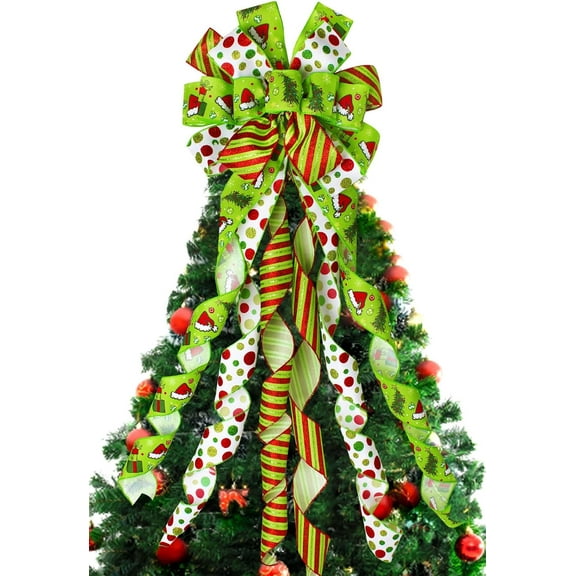 Christmas Tree Topper Bow Wreath, 44 x 13 Inches Large Green Bow Tree Topper,Christmas Wreath for Tree Indoor/Outdoor Christmas Decoration