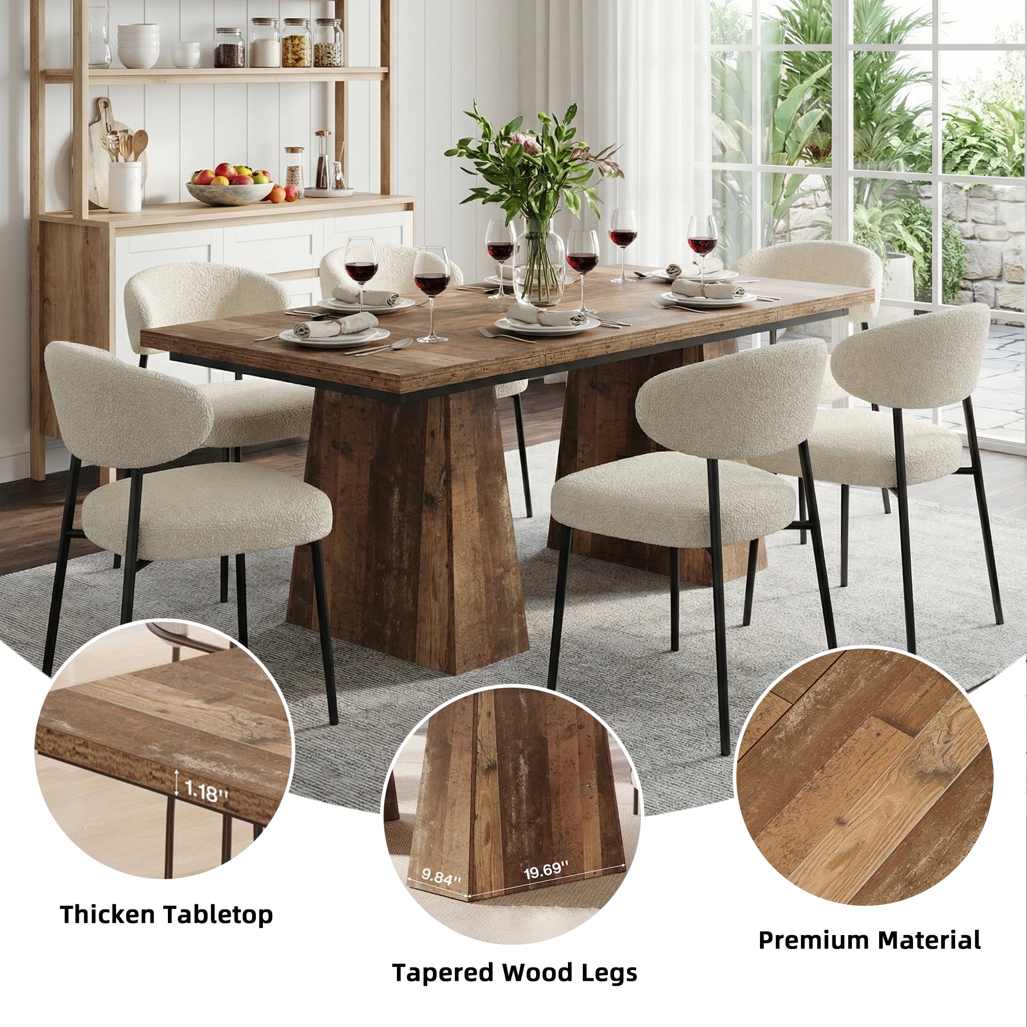 MAYEERTY 63 Inch Farmhouse Multi-Use Table, Rectangular Wood Table for 6 People with Sturdy Pedestal Base