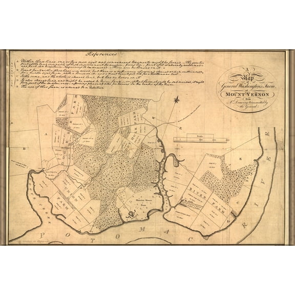 24"x36" Gallery Poster, Map of Mount Vernon, residence of George Washington made by himself. c1801