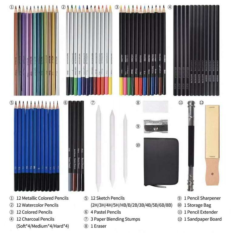 Walmeck 73-Piece Professional Drawing Pencils and Sketch Set Includes Colored Pencil Sketch Charcoal Pastel Pencil Sharpener Eraser Sketch Paper