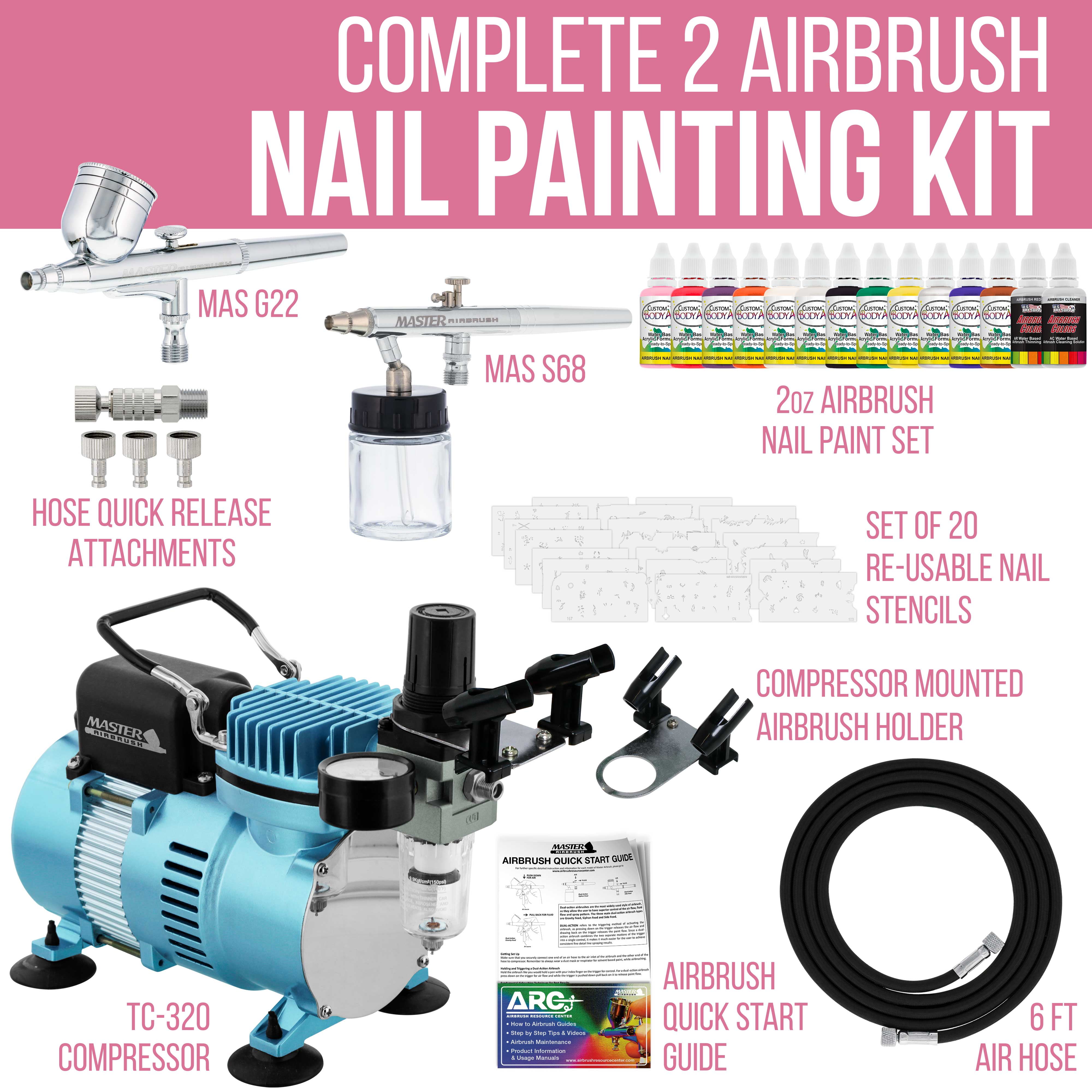 Master Airbrush Brand Finger Nail Decorating System. 2 Airbrushes, Air Compressor, Stencil Set of Over 100 Designs, 6' Hose, Holder, 12-1oz Color Nail Paint Kit, Cleaner