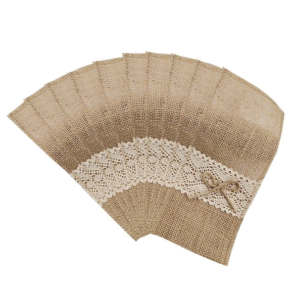 ESTONE 10pcs / Set Sac à Couverts en Dentelle de Jute Fourchette et Porte-Couteaux pour Mariage Fête Familiale Table à Manger Restaurant Café Sac de Décoration