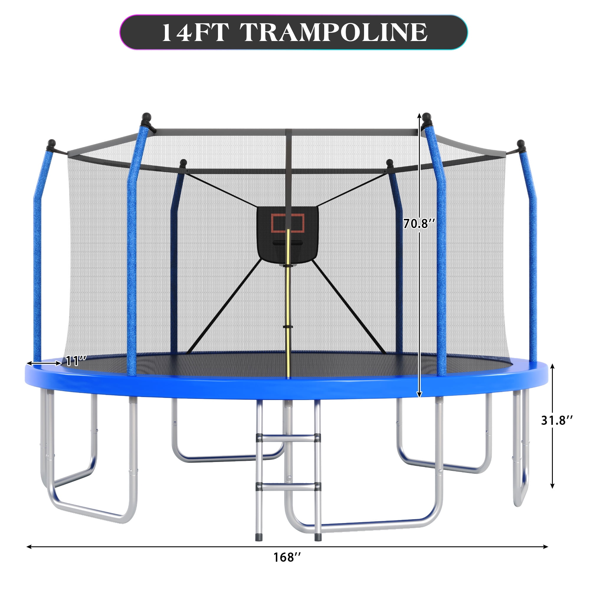 EUROCO 14FT Trampoline for Kids and Adults with Lights, Basketball Hoop, Enclosure Net & Ladder, Outdoor Round Trampoline, Easy to Assemble