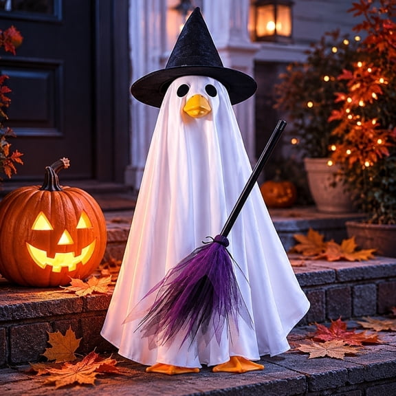 Roiihwy Halloween Ghost Porch Goose Outfits Decor with Witch Broom, 23in Halloween Goose Costume for Halloween Yard Decorations Outdoor Party Decor