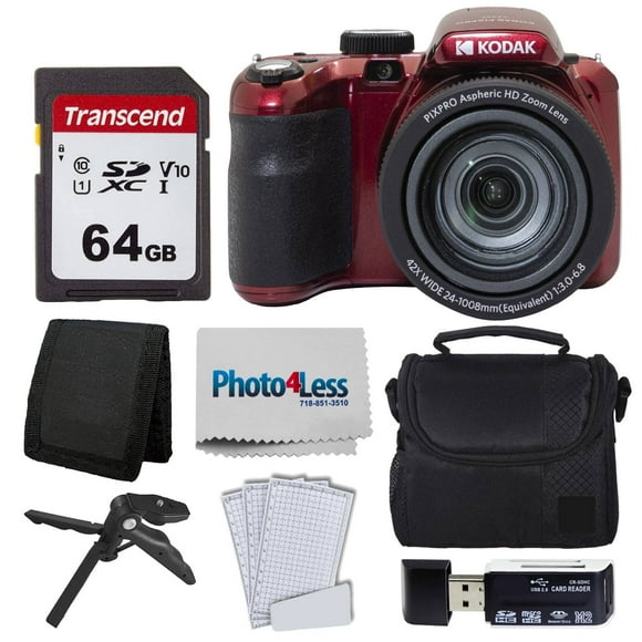 Kodak PIXPRO AZ425 Digital Camera + 64GB Memory Card + Camera Case (Black) + USB Card Reader + Table Tripod + Accessories (Red)