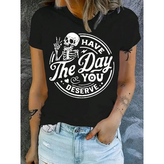 Halloween Skull And Alphabet Print T-Shirt, Spring/Summer Casual Short-Sleeved Top, Women's Clothing