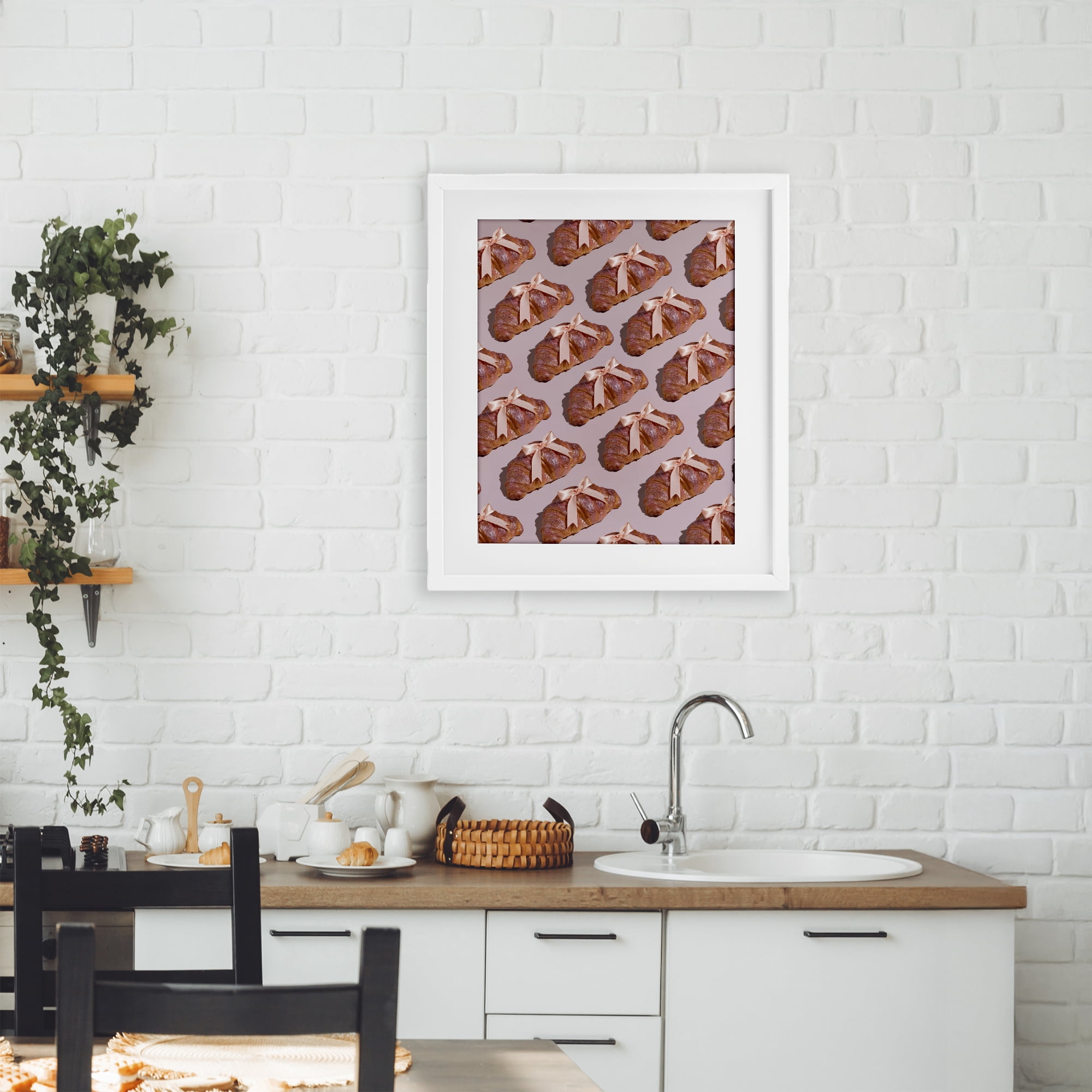 Stupell Industries Croissants with Ribbons Pattern White Framed Print Under Glass, design by LISH Creative