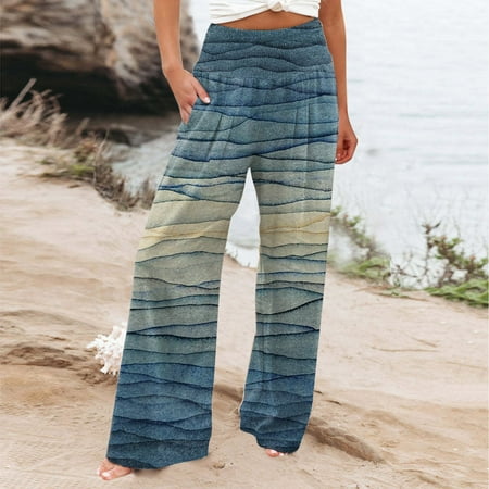 

Miayilima Casual Pants For Women Casual Prints High Waist Wide Leg Palazzo Pants Elastic Waist Loose Comfy Pajama Pants Pockets Size XL