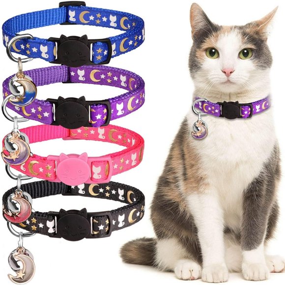 HLONK 4 PCS Cat Collars with Bell Breakaway Gold Moons and Stars Adjustable Safety Kitten Collars with Charm Glow in The Dark